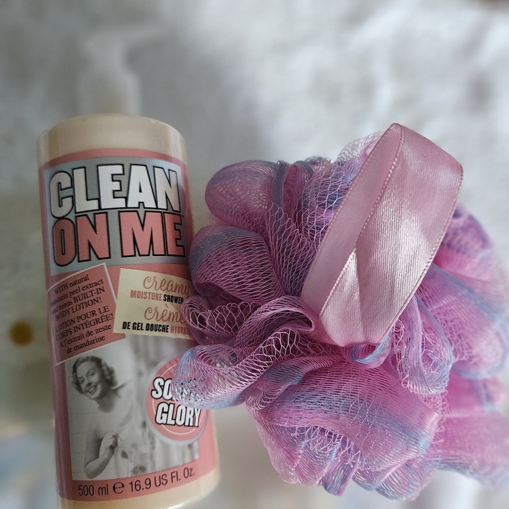 Soap & Glory CLEAN ON ME creamy Shower Gel & Body Lotion w/ shower pouf.